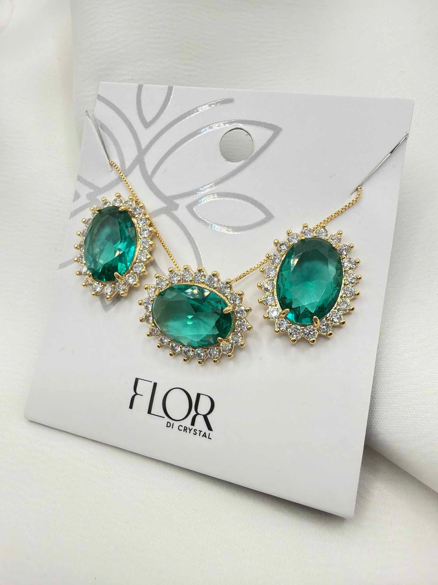 Luxury oval  green cz necklace & Earring Set with pave detail 
