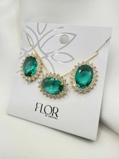 Luxury oval  green cz necklace & Earring Set with pave detail 