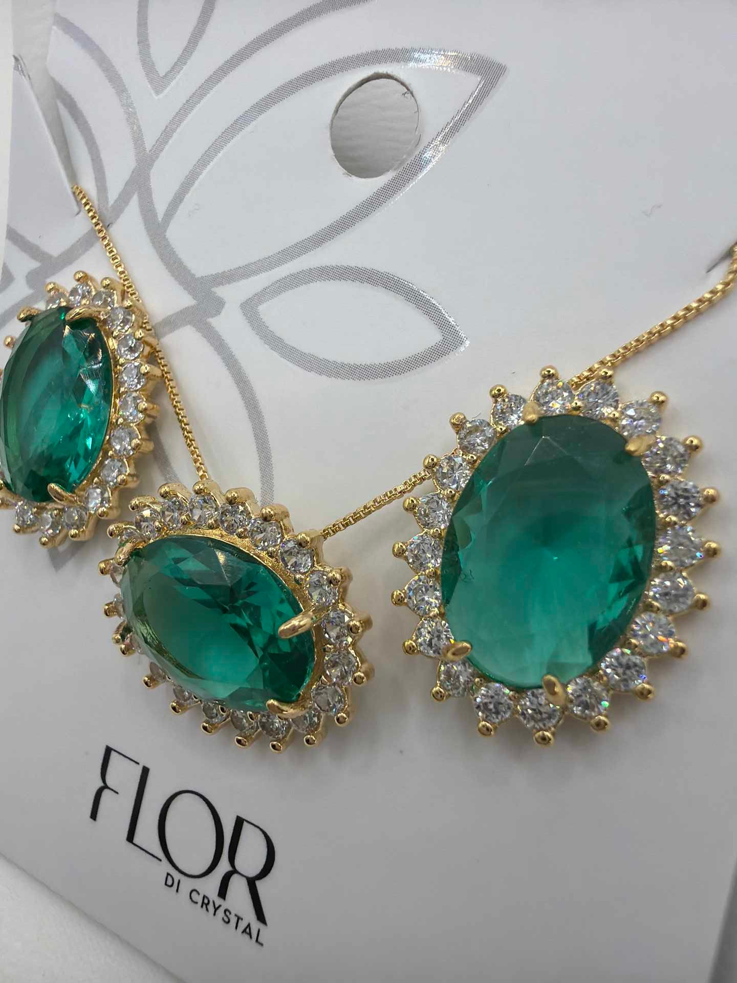 Luxury oval  green cz necklace & Earring Set with pave detail 