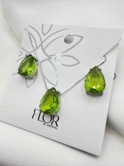 Large Elegant Tear drop green apple color set earings and necklace 