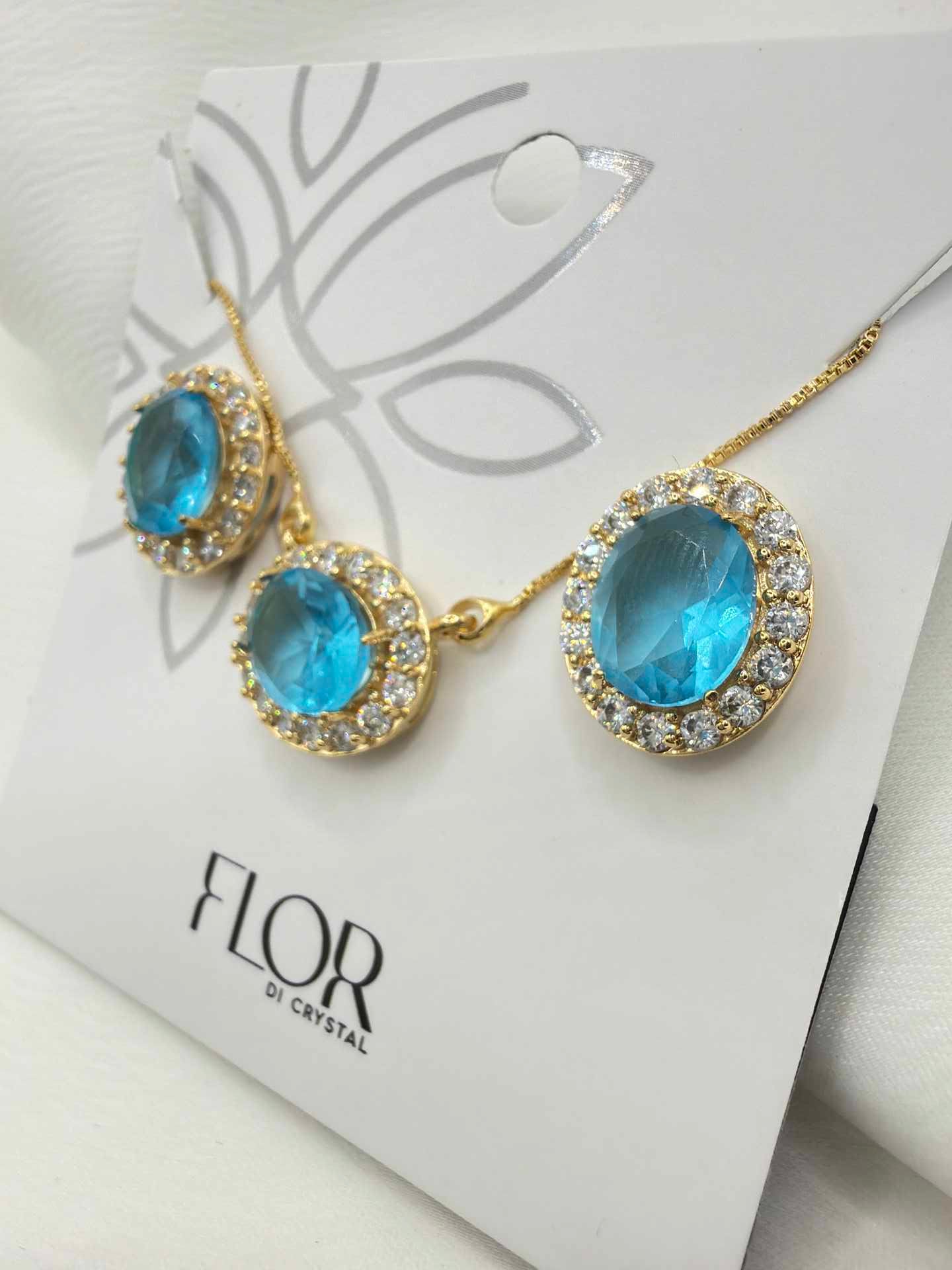 Luxury oval blue cz necklace & Earring Set with pave detail 