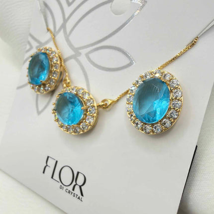 Luxury oval blue cz necklace & Earring Set with pave detail 
