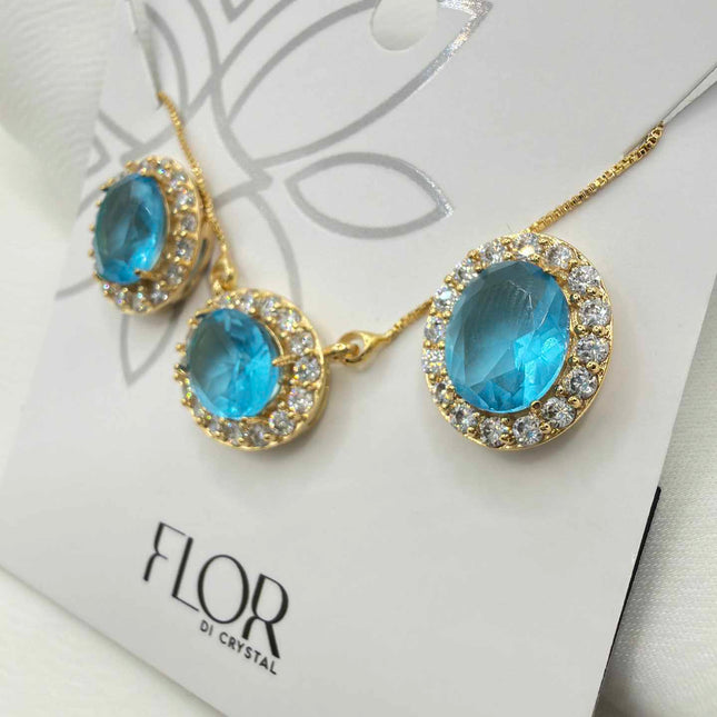 Luxury oval blue cz necklace & Earring Set with pave detail 