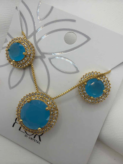 Luxury round Safire blue cz necklace & Earring Set with pave detail 