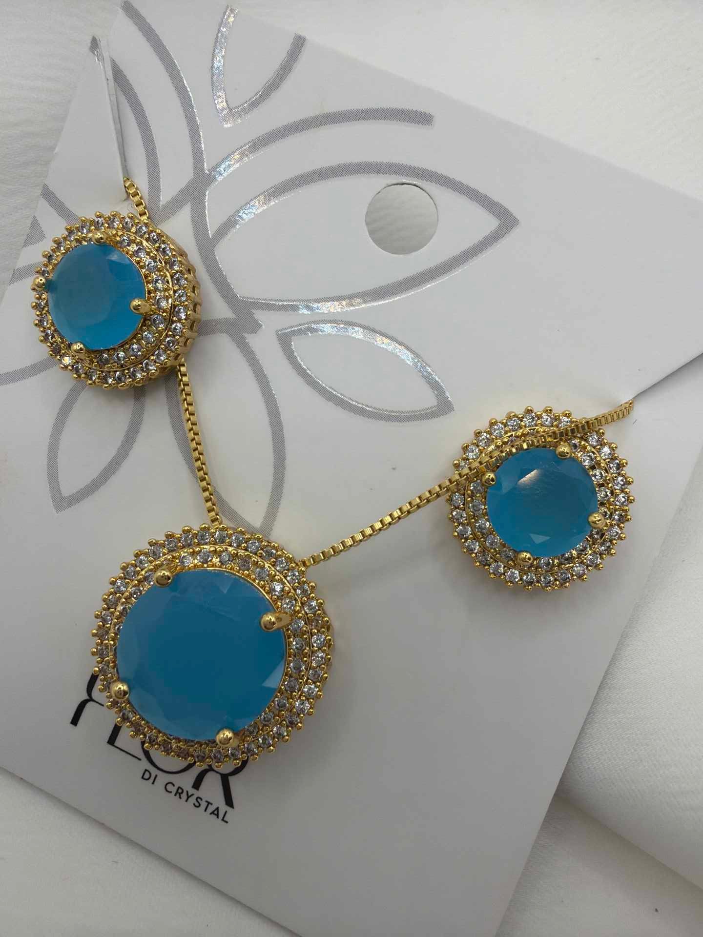 Luxury round Safire blue cz necklace & Earring Set with pave detail 