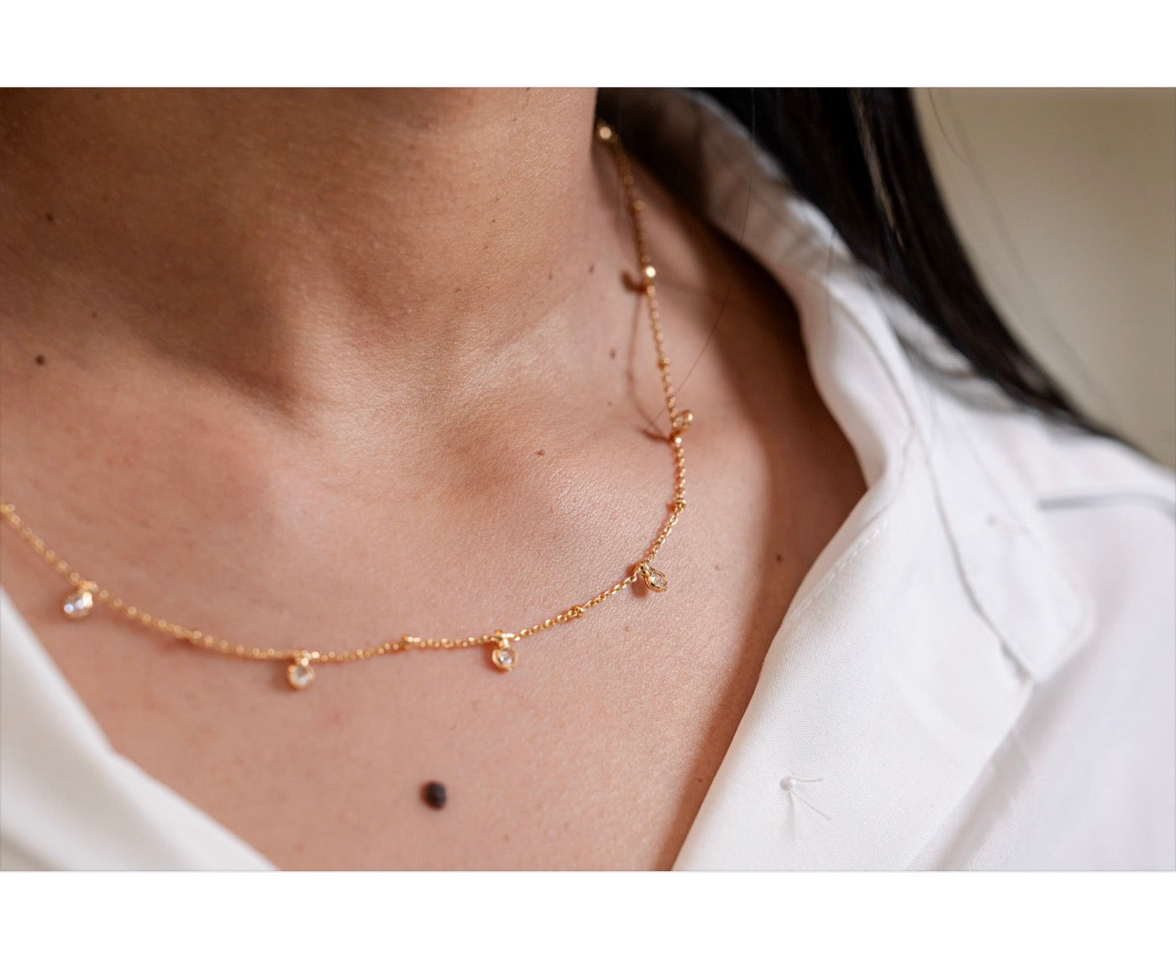 Delicate ball bead chain necklace with CZ