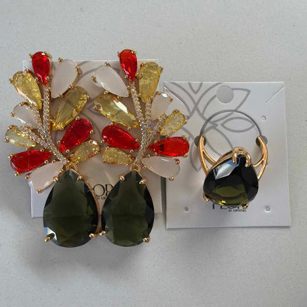 Large Luxury earing and ring in orange and green