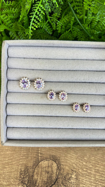 Trio de brinco oval cravejado Lavanda