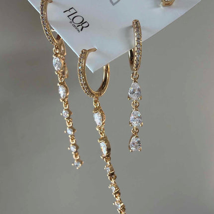 Trio Brincos de argola cascata cravejado luxo