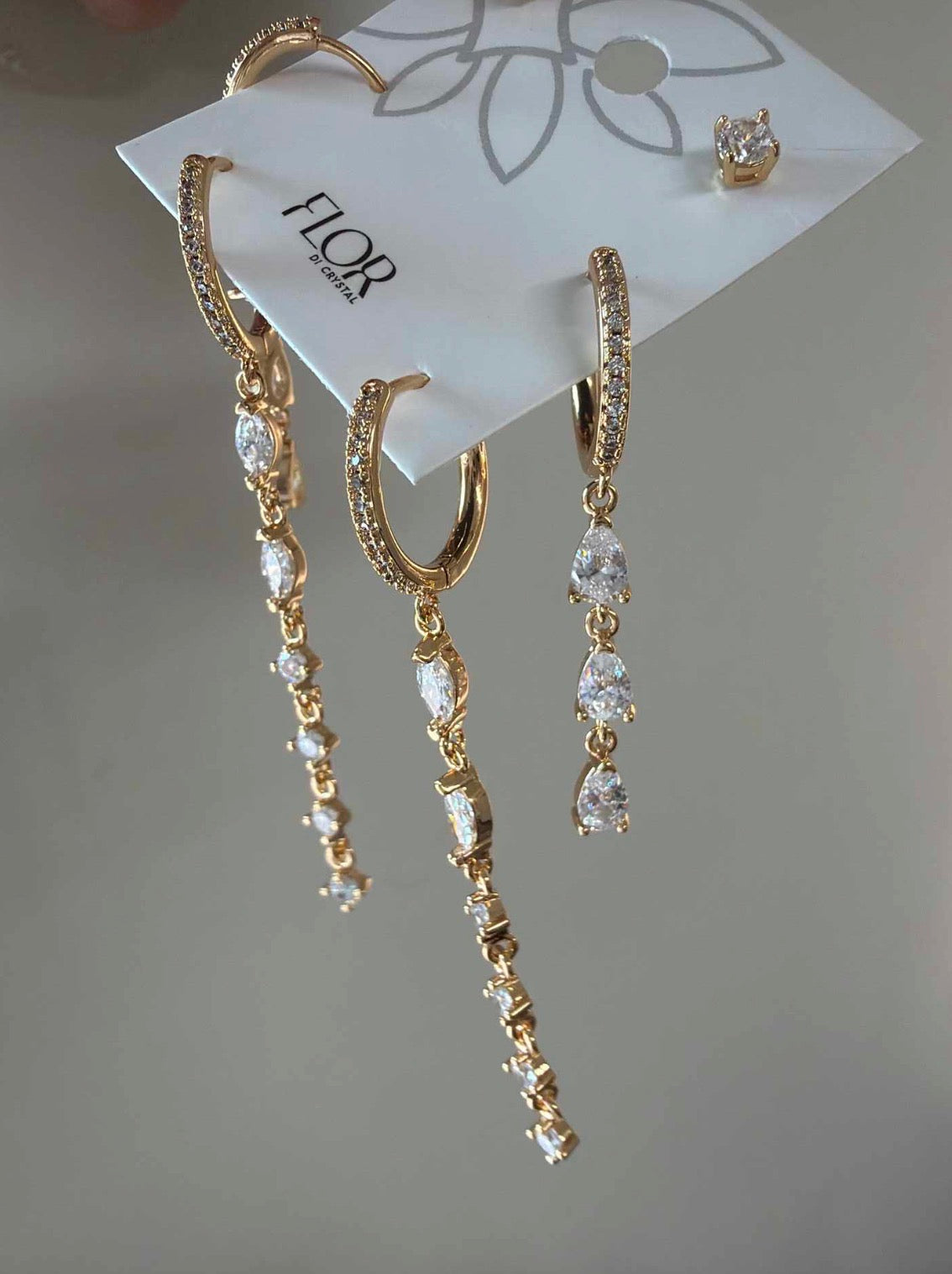 Trio Brincos de argola cascata cravejado luxo