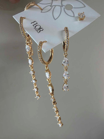 Trio Brincos de argola cascata cravejado luxo