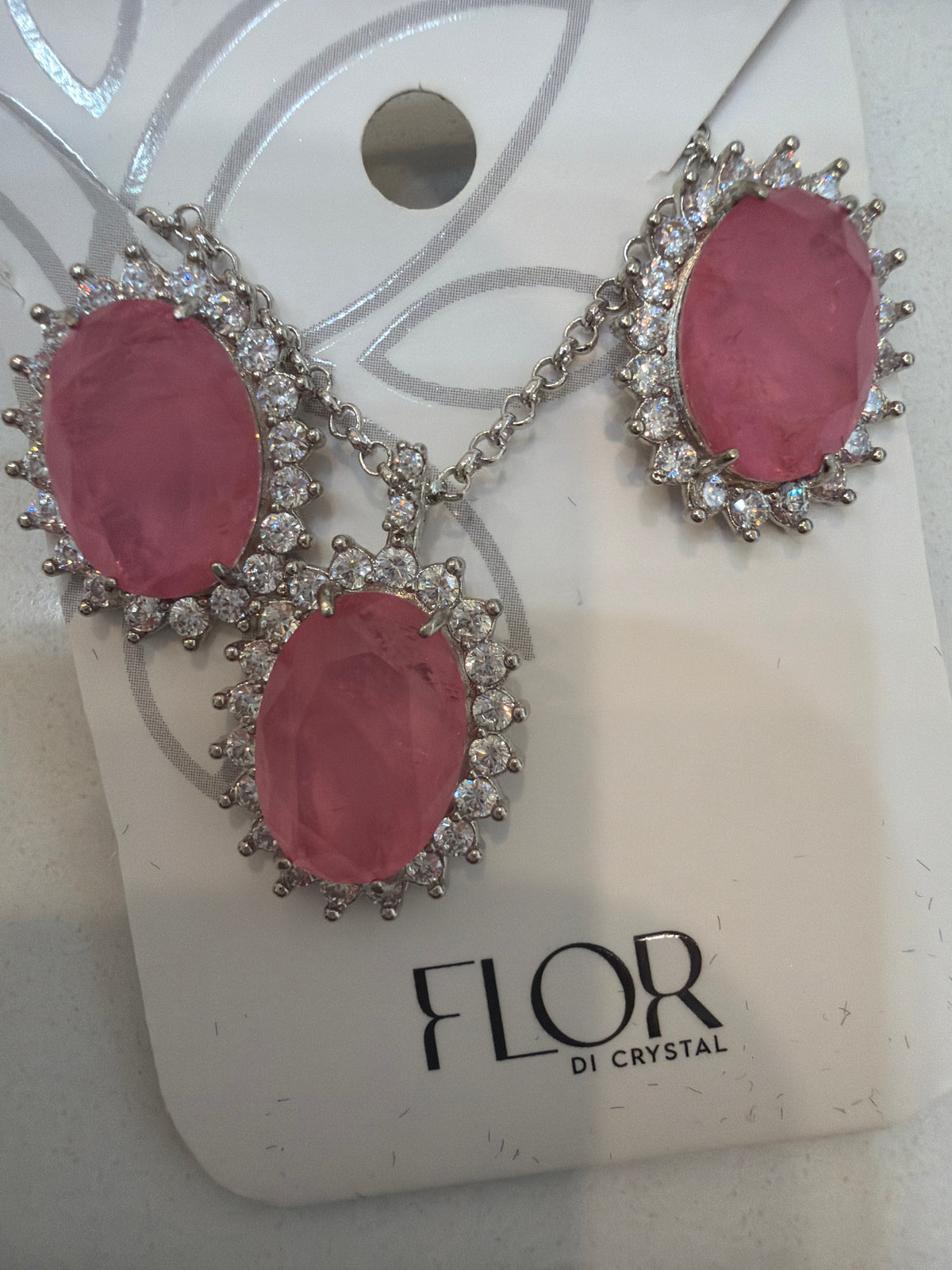 Conjunto colar e brinco em cristal cravejado Pedra fusion rosa