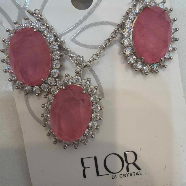 Conjunto colar e brinco em cristal cravejado Pedra fusion rosa