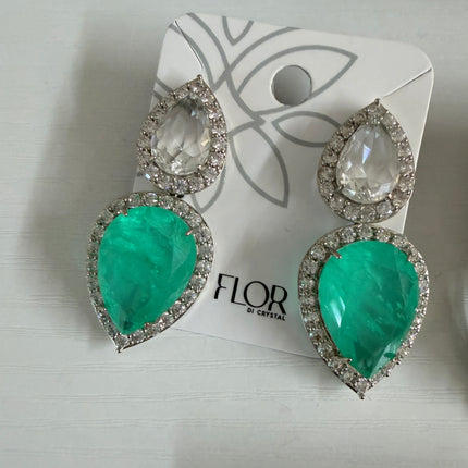 Brinco Luxo gotas Cristal e Verde aqua fusin