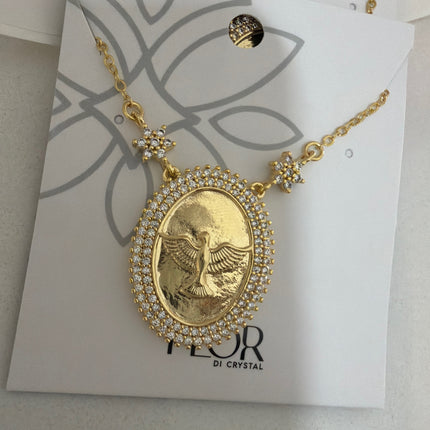 Colar medalha oval Espírito Santo cravejada luxo