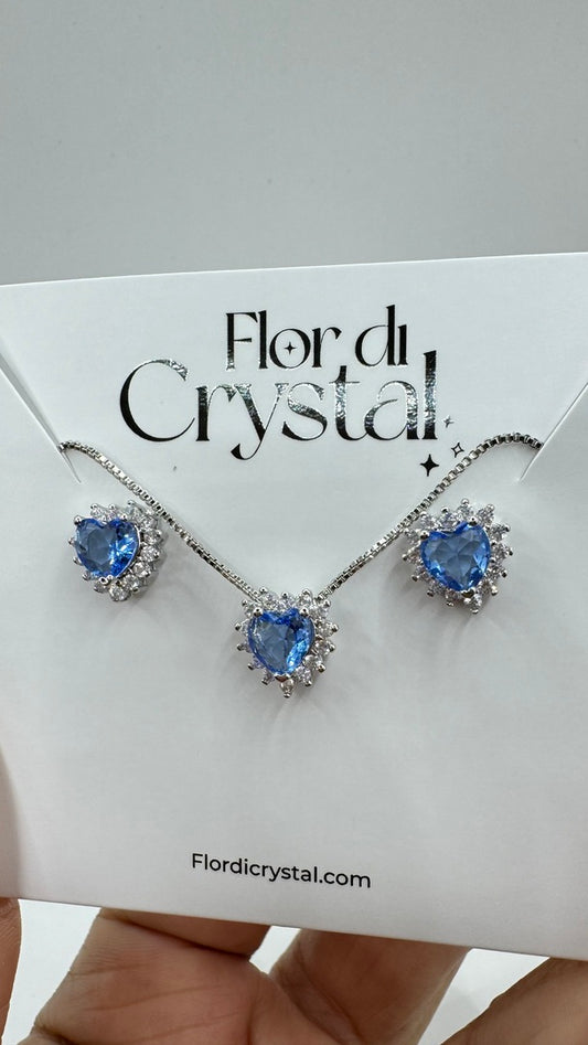 Conjunto - conjunto coracao pequeno cravejado e pedra fusion- Azul celesteLuxo