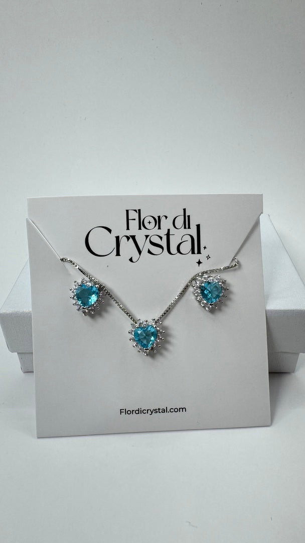 Conjunto - conjunto coracao pequeno cravejado e pedra fusion- Azul turquesa Luxo
