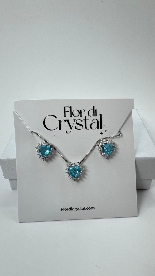 Conjunto - conjunto coracao pequeno cravejado e pedra fusion- Azul turquesa Luxo