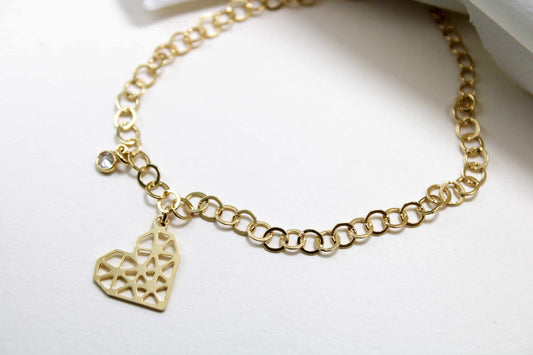 Pulseira - Pulseira de elo p[ortugues com ponto de luz e coracao geometrico