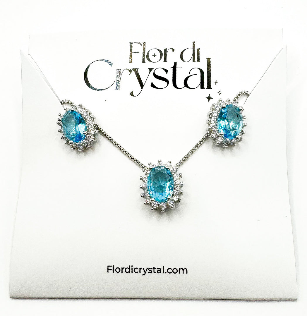 Conjunto - conjunto oval pequeno cravejado e pedra azul bebe- Luxo