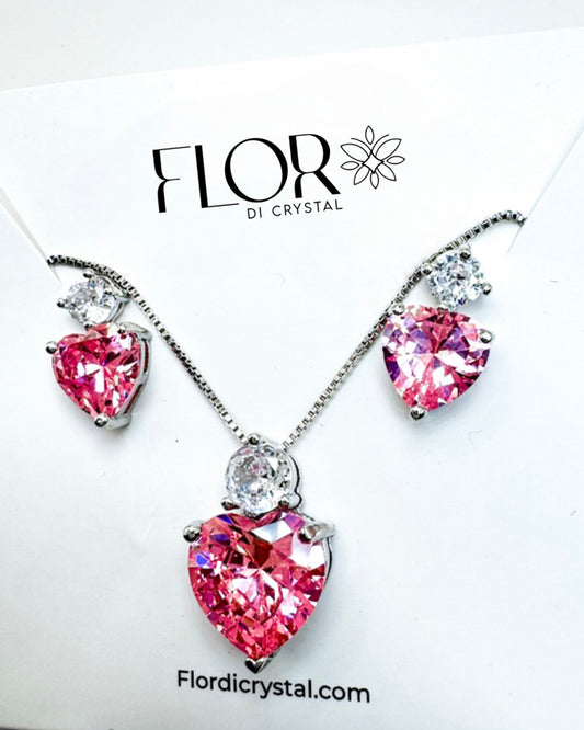 Conjunto - conjunto de Coracao  e zirconia rosa e crystal- Luxo