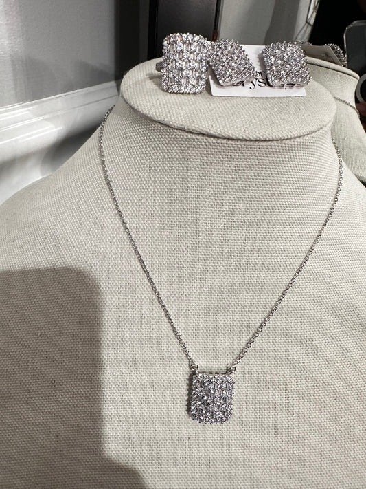 Conjunto - conjunto Rodio luxo  - pingente/brinco  quadrado crystal